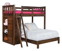 #42611: Bunk Bed - Twin over Full - with bookcase cabinet and ladder shown --- Oak finished with Earthtone: FC-40592