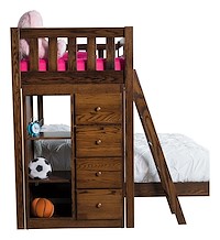 #42611: Bunk Bed - Twin over Full - with bookcase cabinet and ladder shown --- Side View Shown  --- Oak finished with Earthtone: FC-40592